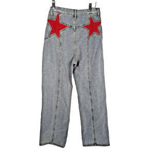 Red Fleece Star Back Light Wash Jeans High Waist Retro Wide Leg Unbranded Sm Med